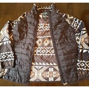 LAUREN RALPH LAUREN Jacket Fleece Puffer Brown White Southwest Full Zip Size 1X